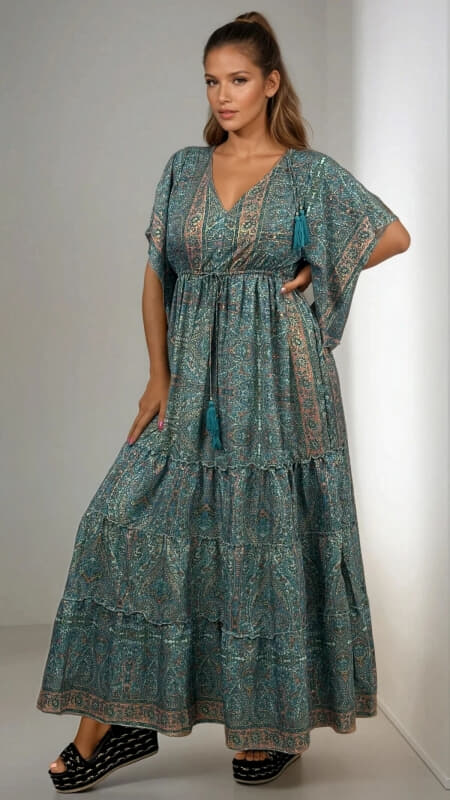 φόρεμα maxi boho με V ντεκολτέ & φαρδύ μανίκι