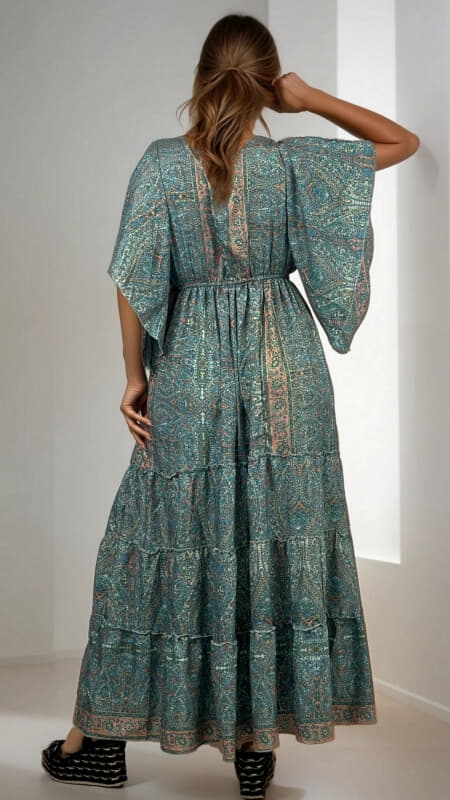 φόρεμα maxi boho με V ντεκολτέ & φαρδύ μανίκι