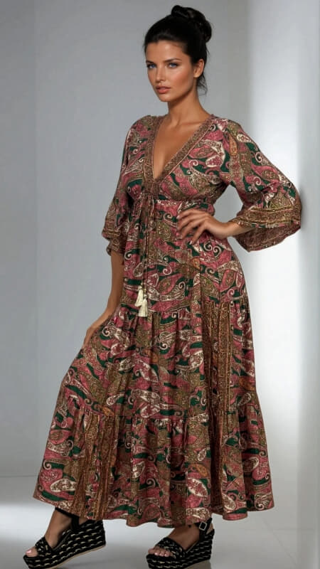 φόρεμα maxi boho με V ντεκολτέ & μανίκι καμπάνα