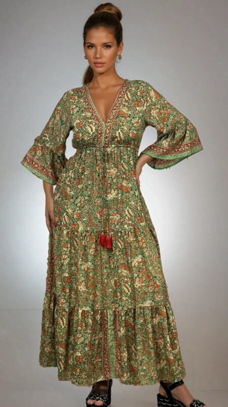 φόρεμα maxi boho με V ντεκολτέ & μανίκι καμπάνα