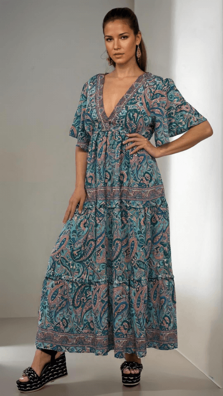 φόρεμα maxi boho με V ντεκολτέ & βολάν μανίκι