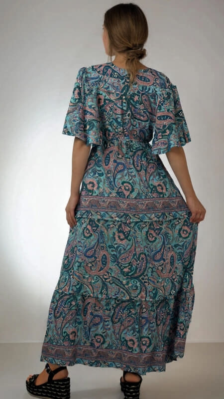 φόρεμα maxi boho με V ντεκολτέ & βολάν μανίκι
