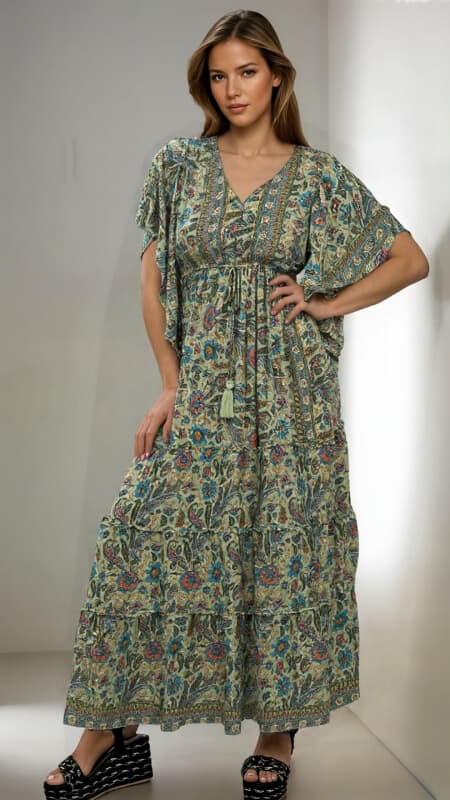 φόρεμα maxi boho με V στήθος & πλάτη