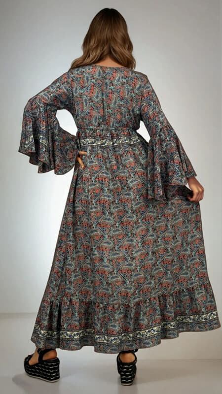 φόρεμα maxi boho με βαθύ ντεκολτέ & μανίκι καμπάνα