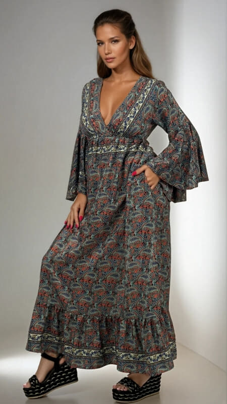 φόρεμα maxi boho με βαθύ ντεκολτέ & μανίκι καμπάνα
