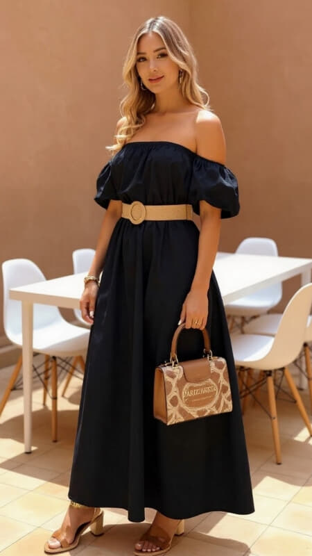 φόρεμα maxi έξωμο με μανίκια & ζώνη