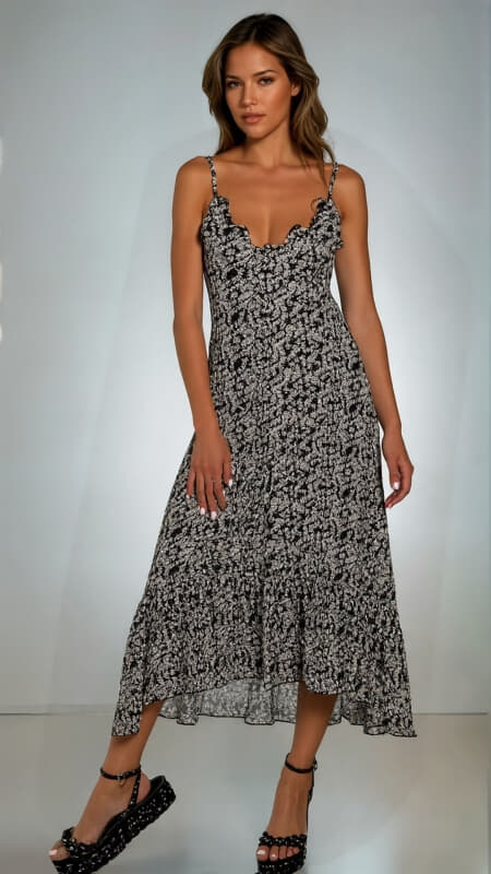 φόρεμα maxi floral ασύμμετρο με τιράντες & βολάν