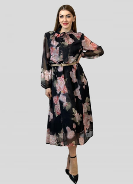 φόρεμα maxi floral c-throu με ζώνη & δέσιμο στο λαιμό