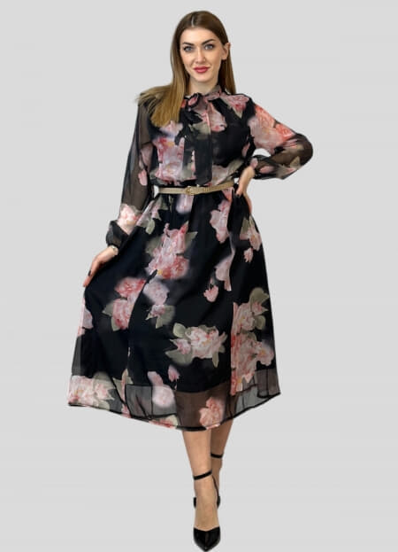 φόρεμα maxi floral c-throu με ζώνη & δέσιμο στο λαιμό