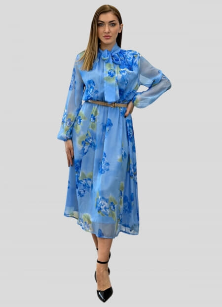 φόρεμα maxi floral c-throu με ζώνη & δέσιμο στο λαιμό