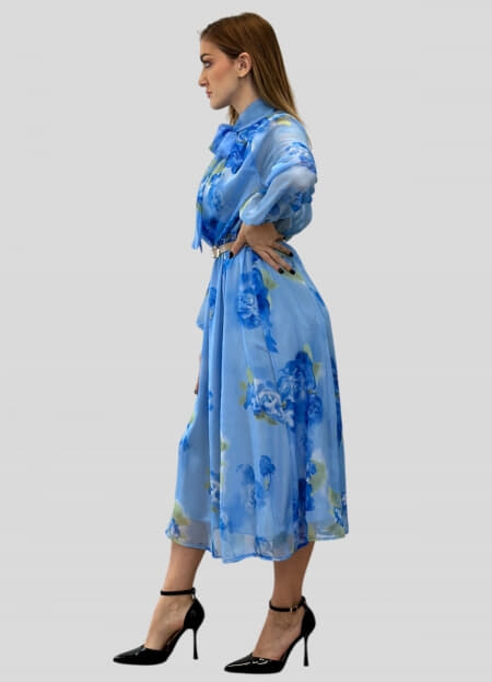 φόρεμα maxi floral c-throu με ζώνη & δέσιμο στο λαιμό