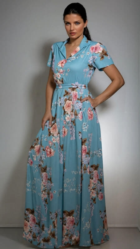 φόρεμα maxi floral κοντομάνικο με ζώνη & τσέπες