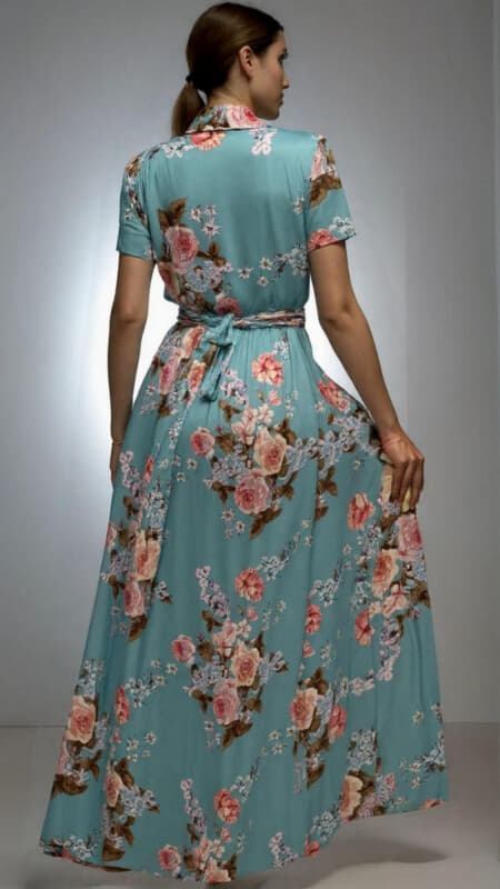 φόρεμα maxi floral κοντομάνικο με ζώνη & τσέπες