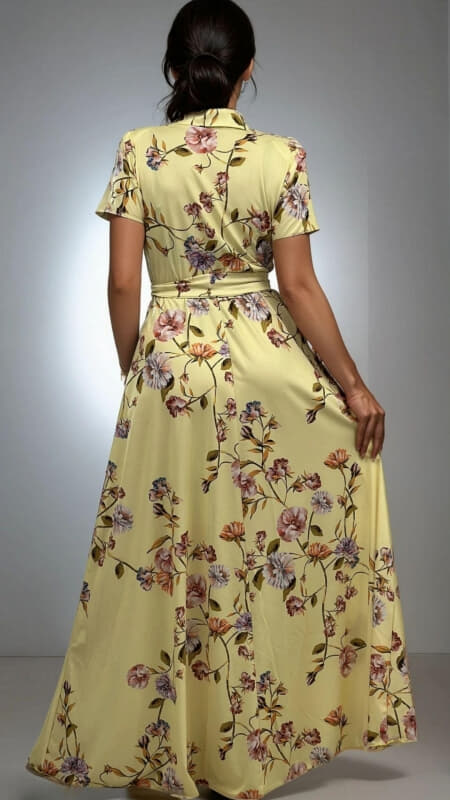 φόρεμα maxi floral κοντομάνικο με ζώνη & τσέπες