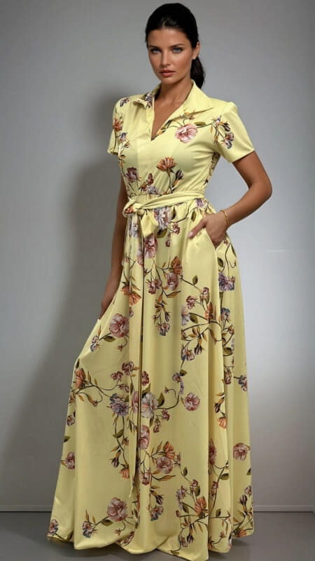 φόρεμα maxi floral κοντομάνικο με ζώνη & τσέπες
