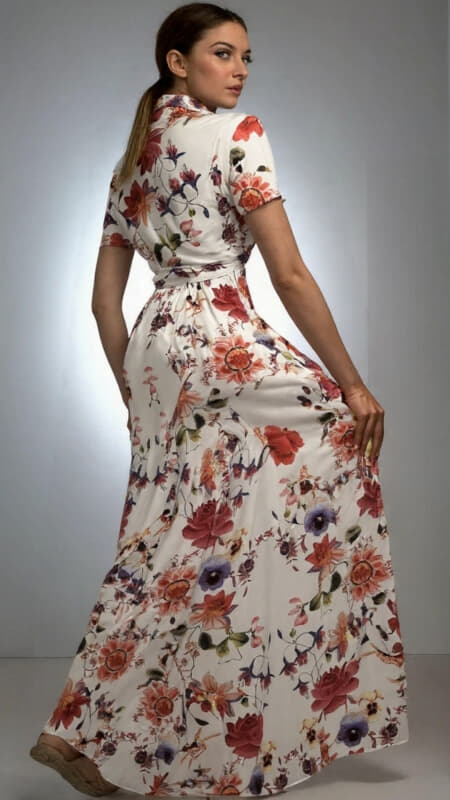 φόρεμα maxi floral κοντομάνικο με ζώνη & τσέπες