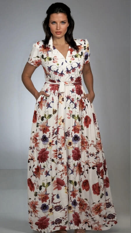 φόρεμα maxi floral κοντομάνικο με ζώνη & τσέπες