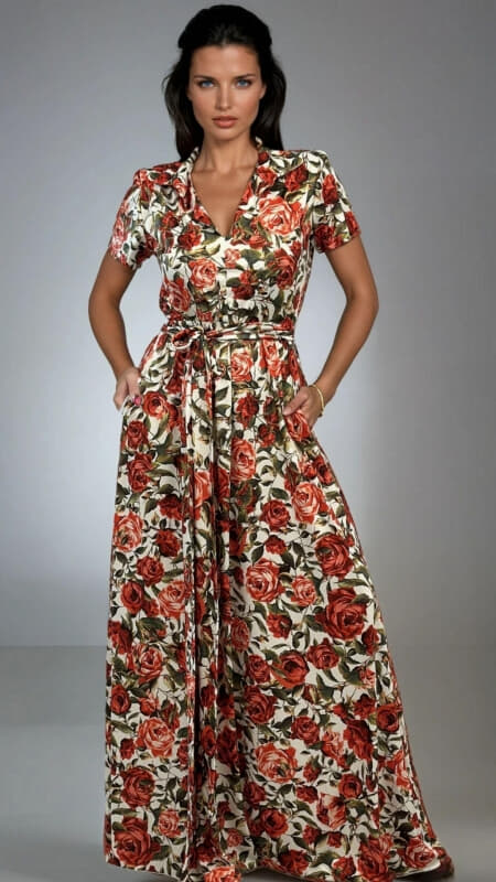 φόρεμα maxi floral κοντομάνικο με ζώνη & τσέπες