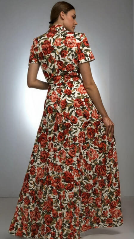 φόρεμα maxi floral κοντομάνικο με ζώνη & τσέπες