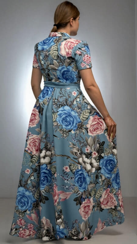 φόρεμα maxi floral κοντομάνικο με ζώνη & τσέπες