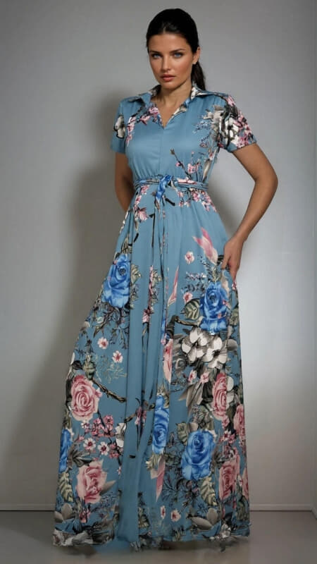 φόρεμα maxi floral κοντομάνικο με ζώνη & τσέπες