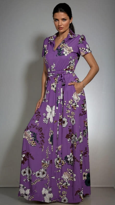 φόρεμα maxi floral κοντομάνικο με ζώνη & τσέπες