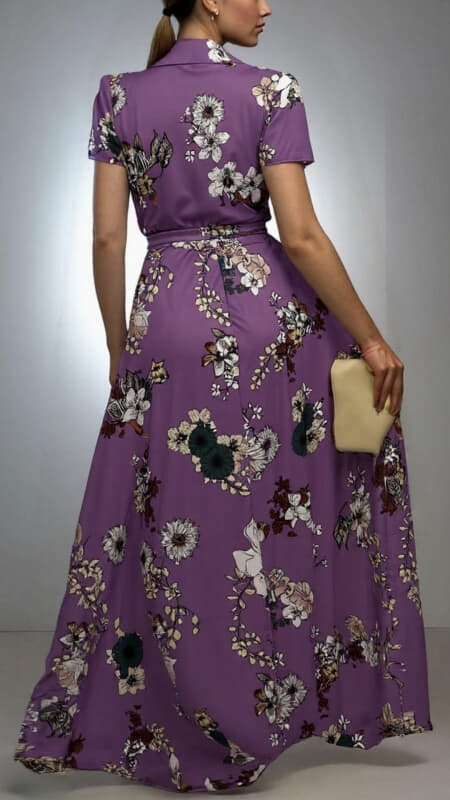 φόρεμα maxi floral κοντομάνικο με ζώνη & τσέπες