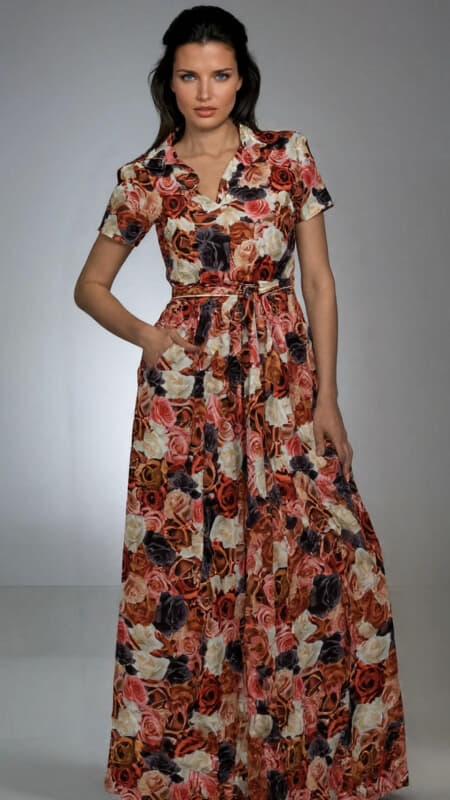 φόρεμα maxi floral κοντομάνικο με ζώνη & τσέπες