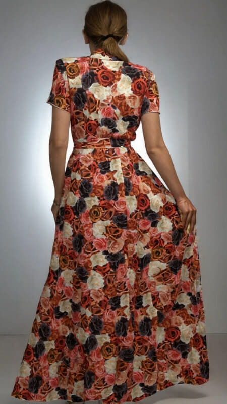 φόρεμα maxi floral κοντομάνικο με ζώνη & τσέπες