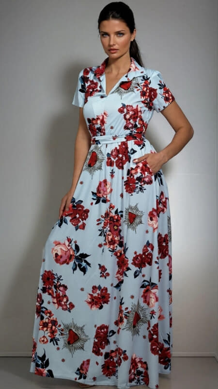 φόρεμα maxi floral κοντομάνικο με ζώνη & τσέπες