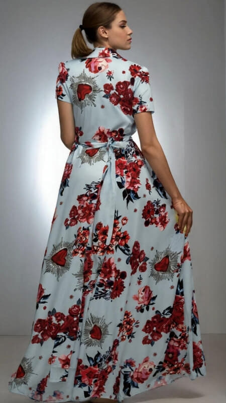 φόρεμα maxi floral κοντομάνικο με ζώνη & τσέπες
