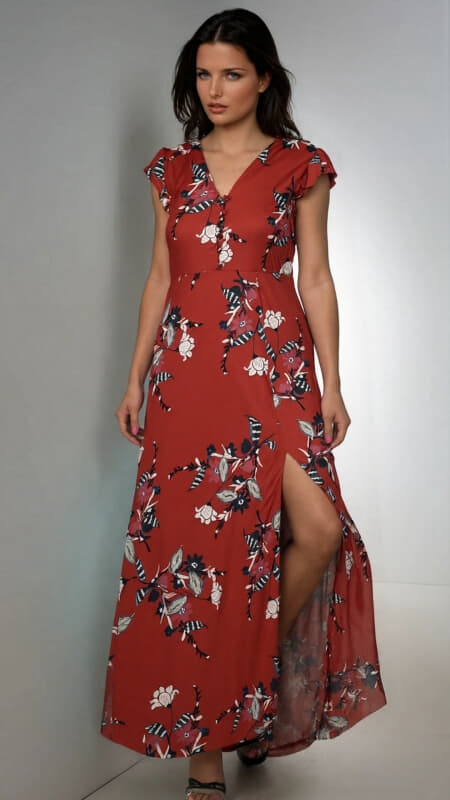 φόρεμα maxi floral με βολάν μανικάκι & κουμπιά στο στήθος