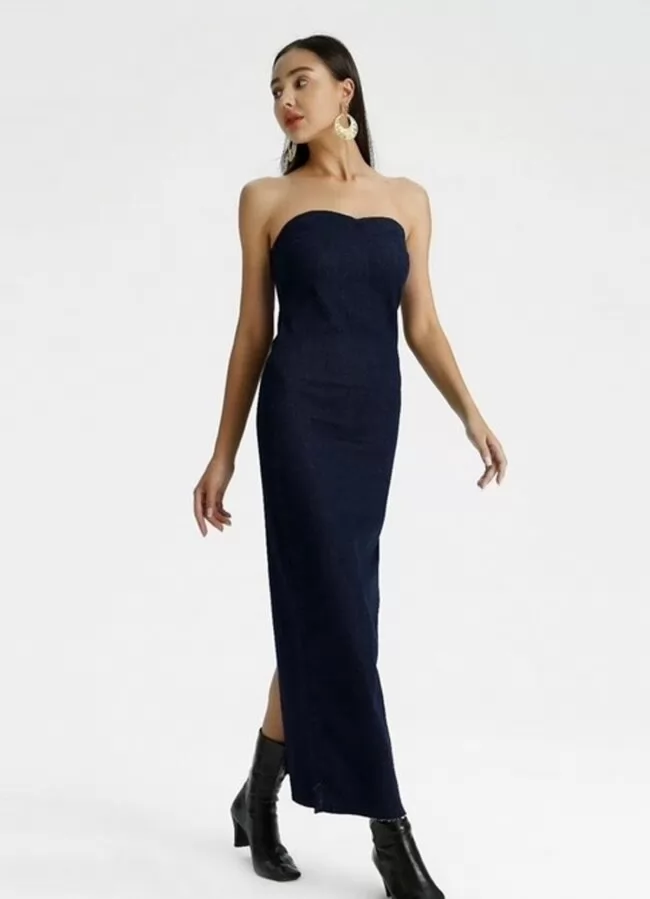Parizianista φόρεμα maxi jean στράπλες με σκίσιμο - Μπλε σκούρο