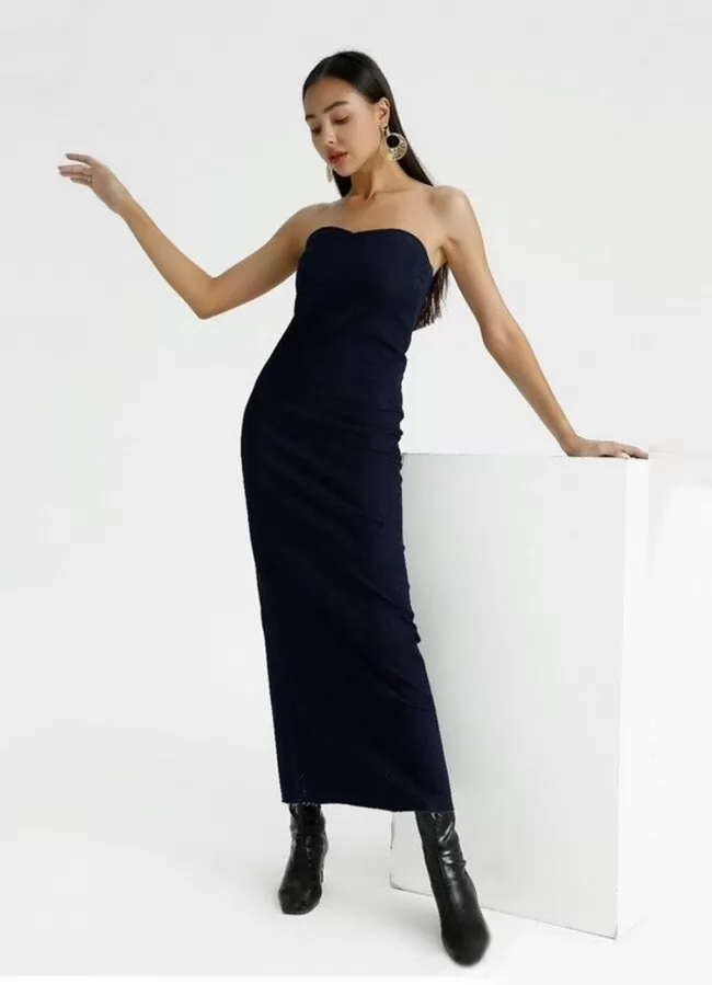 φόρεμα maxi jean στράπλες με σκίσιμο