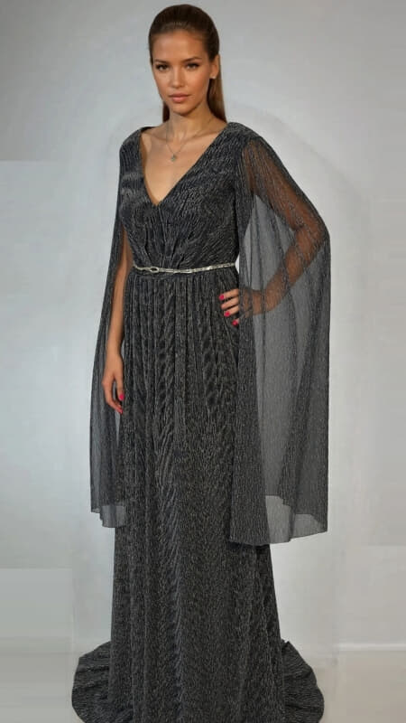 φόρεμα maxi lurex με ζώνη στρας & ριχτό ύφασμα τους ώμους