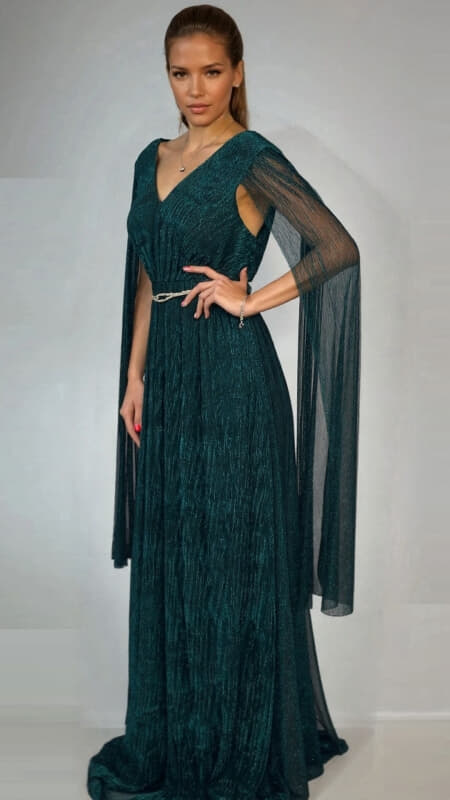 φόρεμα maxi lurex με ζώνη στρας & ριχτό ύφασμα τους ώμους
