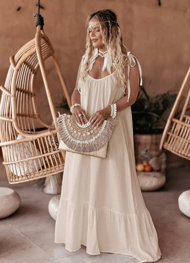 φόρεμα maxi με ανοιχτή πλάτη & δετές τιράντες