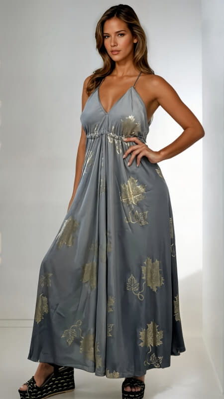 φόρεμα maxi με ανοιχτή πλάτη & σχέδια από lurex κλωστή