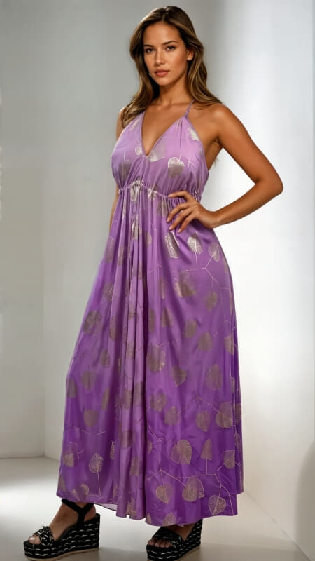 φόρεμα maxi με ανοιχτή πλάτη & σχέδια από lurex κλωστή