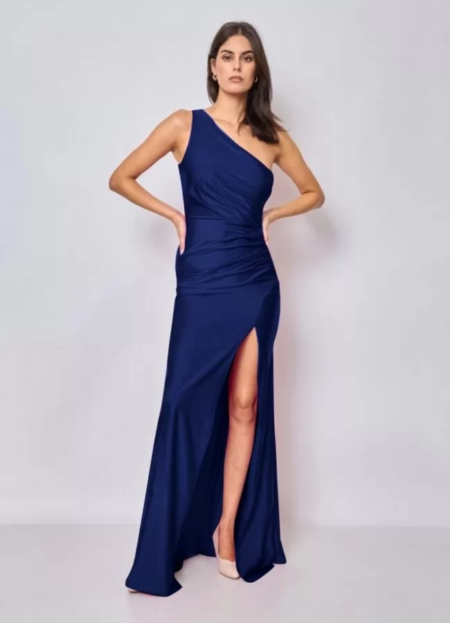 ΑΡΧΙΚΗ > ΠΡΟΪΟΝΤΑ > ΦΟΡΕΜΑΤΑ ΓΑΜΟΣ - ΒΑΠΤΙΣΗ φόρεμα maxi σατινέ με έναν ώμο ντραπέ, σκίσιμο & ενίσχυση στο μπούστο - Μπλε σκούρο
