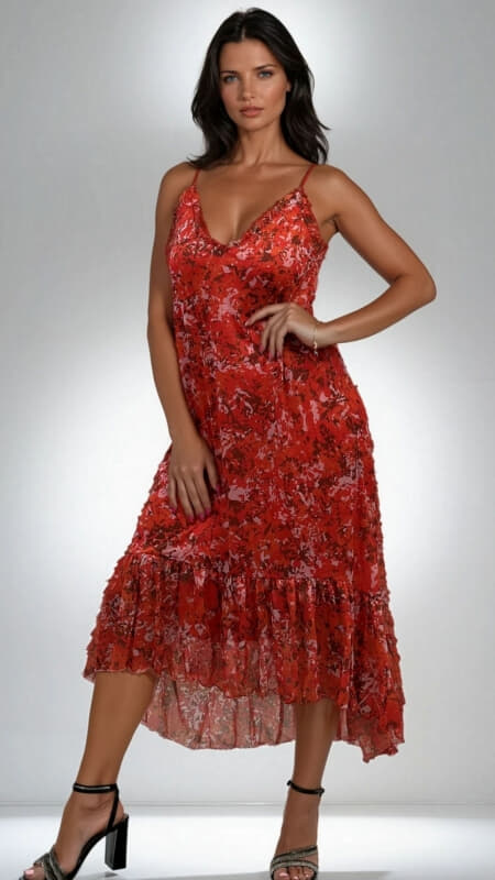 φόρεμα floral maxi τιράντα ασύμμετρο με βολάν