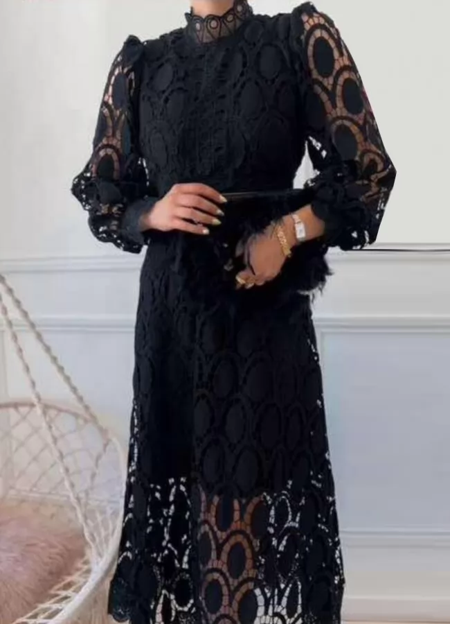 ΑΡΧΙΚΗ > ΠΡΟΪΟΝΤΑ > ΦΟΡΕΜΑΤΑ ΓΑΜΟΣ - ΒΑΠΤΙΣΗ φόρεμα midi δαντέλα με ψηλό γιακά - Μαύρο