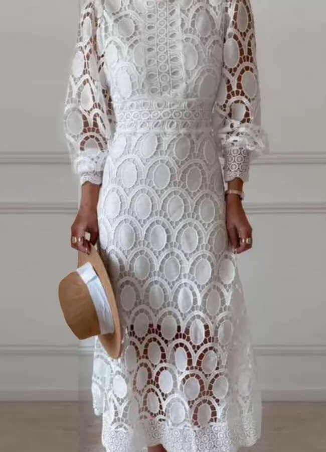 ΑΡΧΙΚΗ > ΠΡΟΪΟΝΤΑ > ΦΟΡΕΜΑΤΑ ΓΑΜΟΣ - ΒΑΠΤΙΣΗ φόρεμα midi δαντέλα με ψηλό γιακά - Λευκό