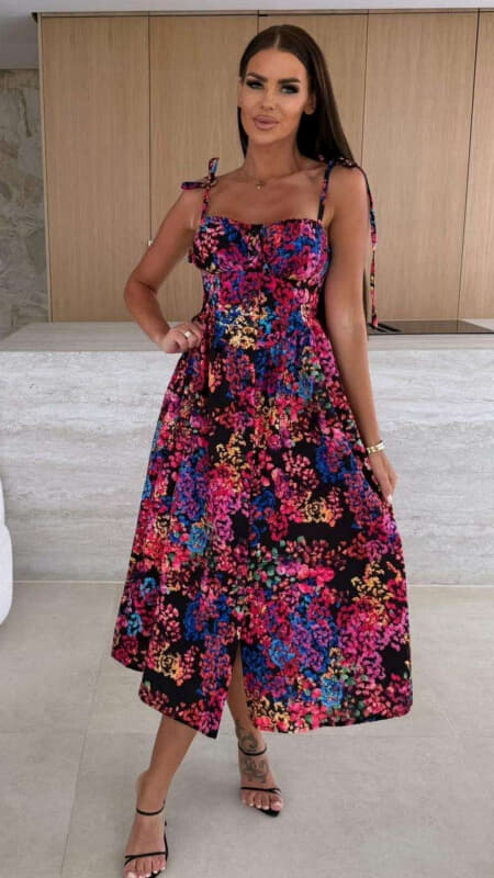 φόρεμα midi floral με δετές τιράντες & μπούστο κορσέ