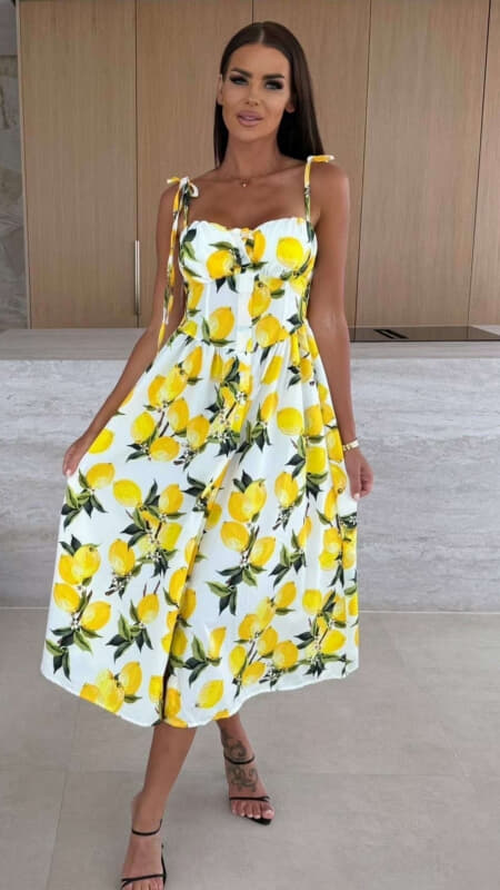φόρεμα midi floral με δετές τιράντες & μπούστο κορσέ