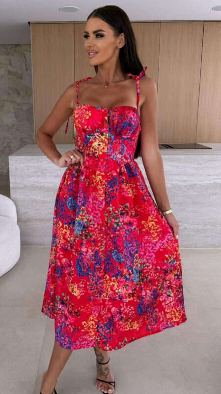 φόρεμα midi floral με δετές τιράντες & μπούστο κορσέ