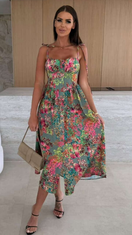 φόρεμα midi floral με δετές τιράντες & μπούστο κορσέ