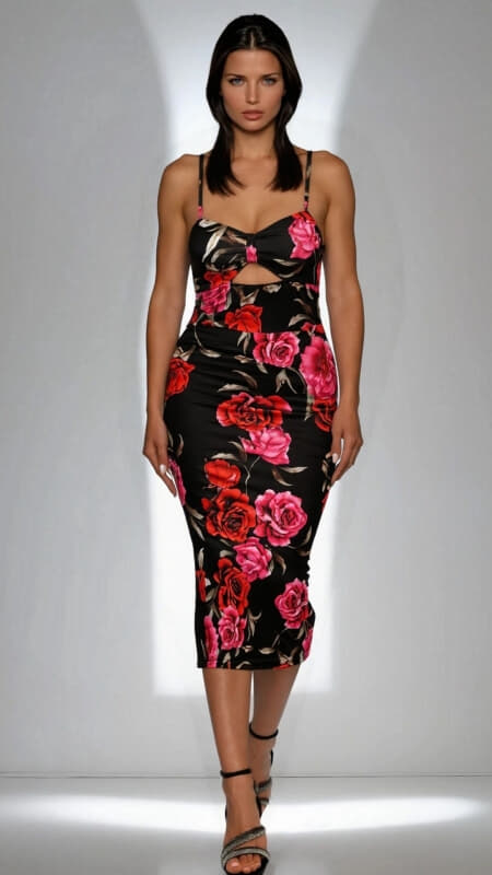 φόρεμα midi floral τιράντα cut out