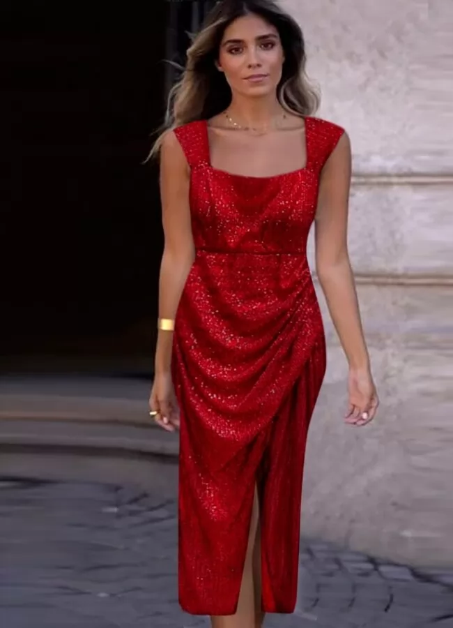 Parizianista φόρεμα midi με χοντρή τιράντα παγιέτα ντραπέ με σκίσιμο - Kόκκινο