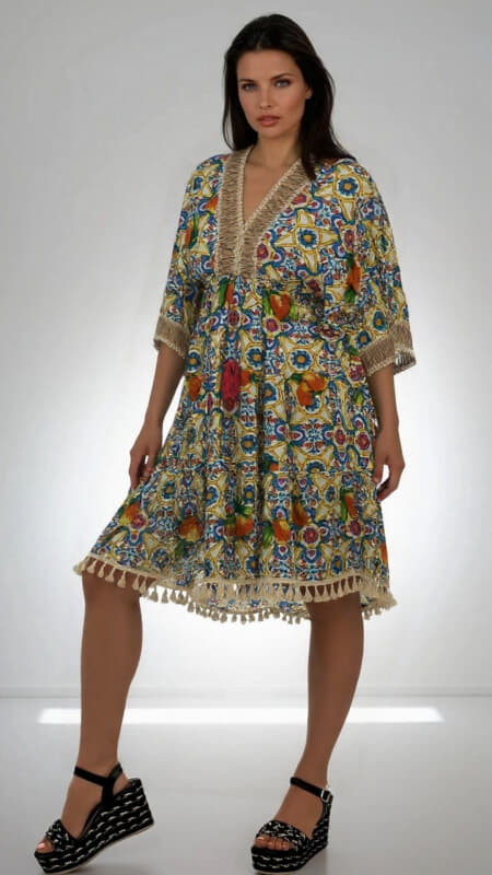 φόρεμα mini boho με V ντεκολτέ